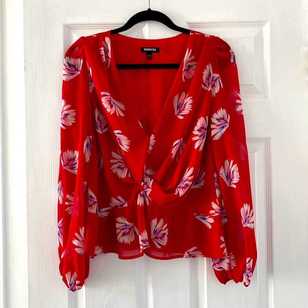 Red Floral V Neck Blouse